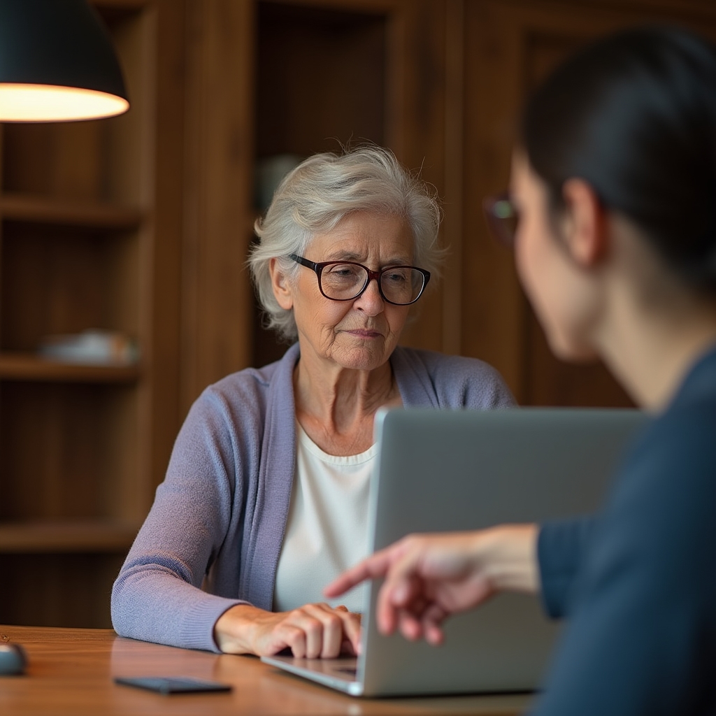 Ältere Person lernt digitale Finanzkompetenz am Laptop
